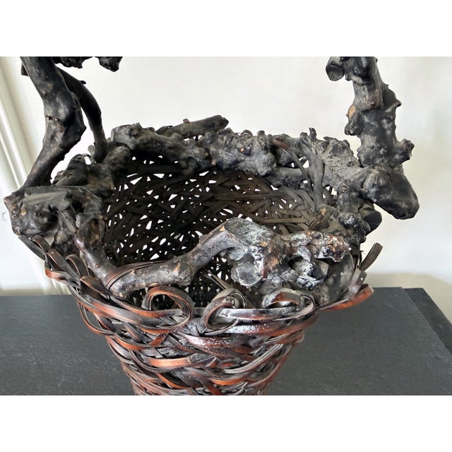 Mid-Century Modern Antique Japanese Smoke Bamboo Basket with Wisteria Root Handle Meiji Period For Sale - Image 3 of 16