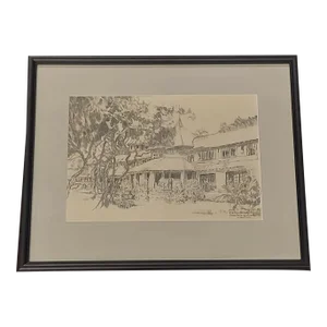 "Kona Inn Kailua Hawaii 10 April 1936" Landscape Pencil Drawing, Framed