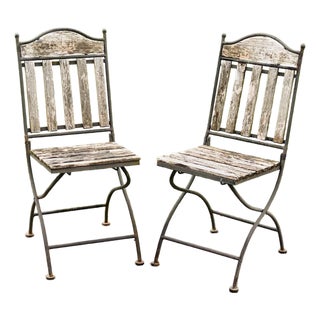 Pair (2) Vintage French Wood & Metal Folding Bistro Chairs Wrought Iron Frame and Teak Slats For Sale