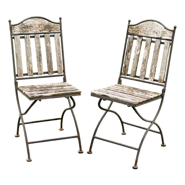 Pair (2) Vintage French Wood & Metal Folding Bistro Chairs Wrought Iron Frame and Teak Slats For Sale
