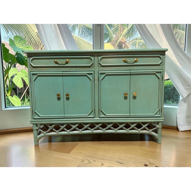 Boho Chic Vintage Mid-Century Ficks Reed Coastal Rattan Server / Buffet – Seafoam Green For Sale - Image 3 of 9