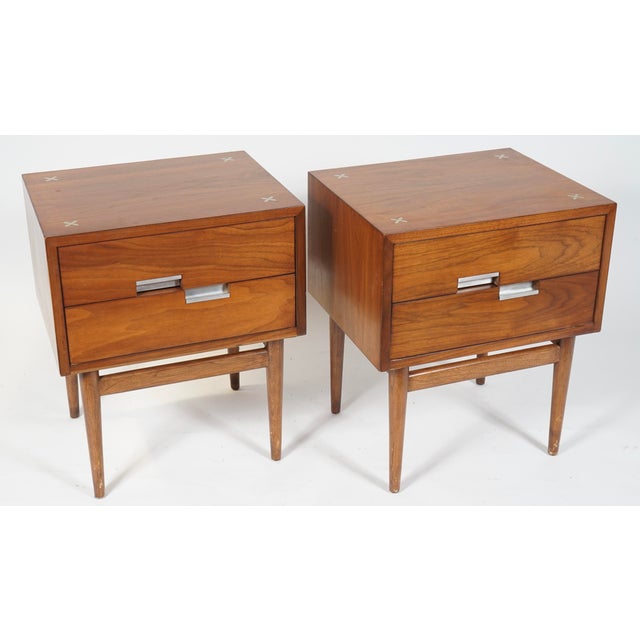 1960s 1960s Merton Gershun for American of Martinsville Mid Century X Inlay Walnut Nightstands Set of 2 For Sale - Image 5 of 9