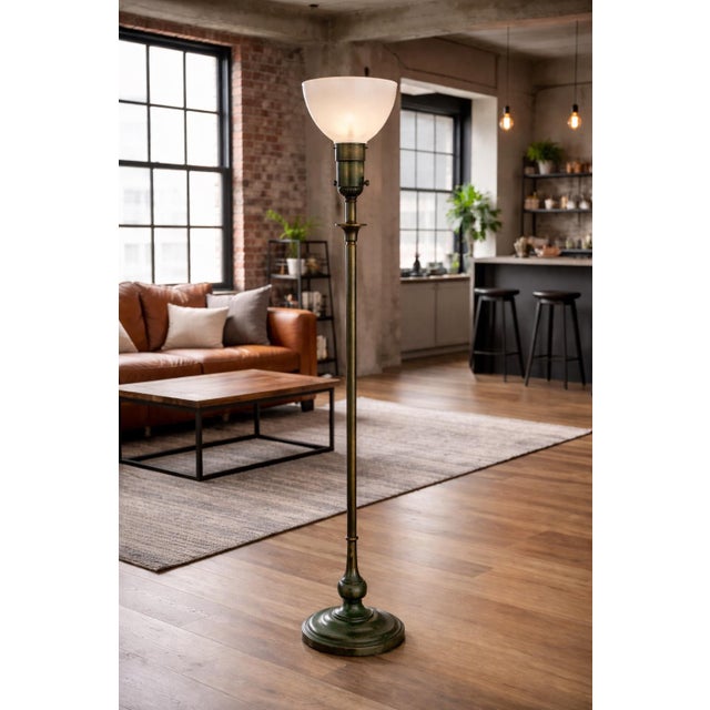 Verdigris Vintage Rembrandt Lamps Verdigris Green Torchiere Floor Lamp With Original Textured Milk Glass Shade For Sale - Image 8 of 8