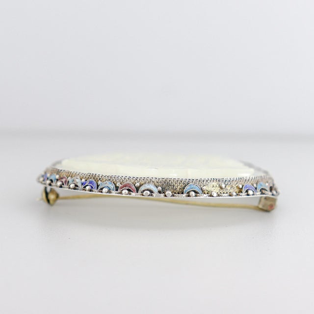 Vintage Chinese Silver, Carved Jade, and Enamel Brooch For Sale - Image 12 of 16