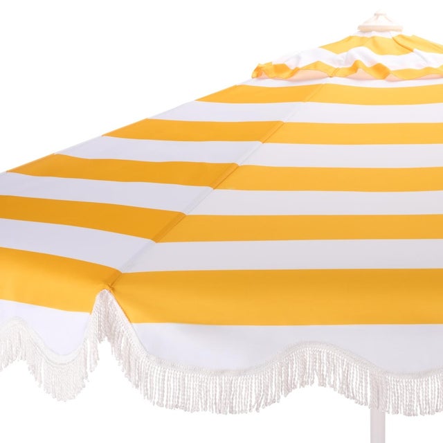 Spritely Home Lucerna 9 Ft Crank Umbrella, Yellow Stripe/White Pole For Sale - Image 4 of 9