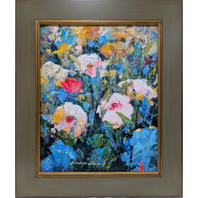 Framed Original Floral White Flowers Acrylic Painting on Canvas. 23in X 27in For Sale