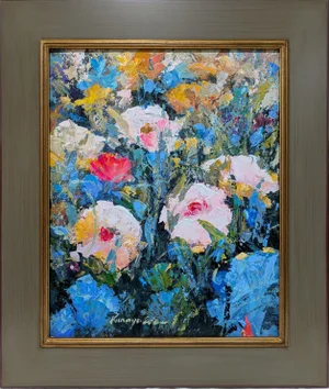 Framed Original Floral White Flowers Acrylic Painting on Canvas. 23in X 27in