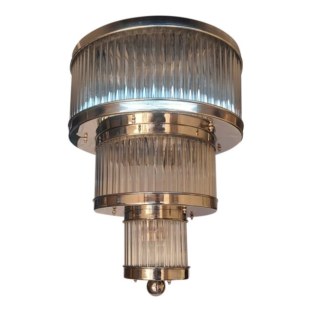 Skyscraper Vintage 1940s Ceiling Hanging Chandelier Fixture Three Tier Nickel Brass & Glass Rod Ship 12 Light For Sale