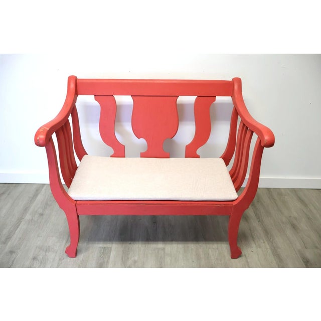 Salmon Antique American Classical Grecian Painted Settee With Scrolled Arms & Saber Legs, Circa 1830 For Sale - Image 8 of 10