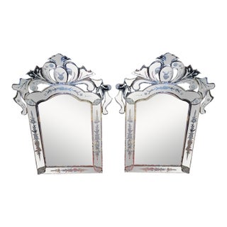 1980s Pair Venetian Etched Glass Petite Mirrors For Sale