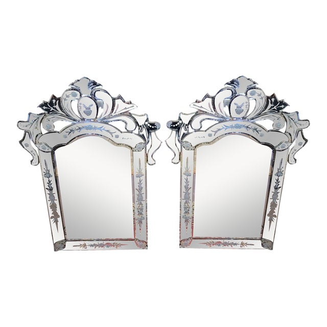 1980s Pair Venetian Etched Glass Petite Mirrors For Sale