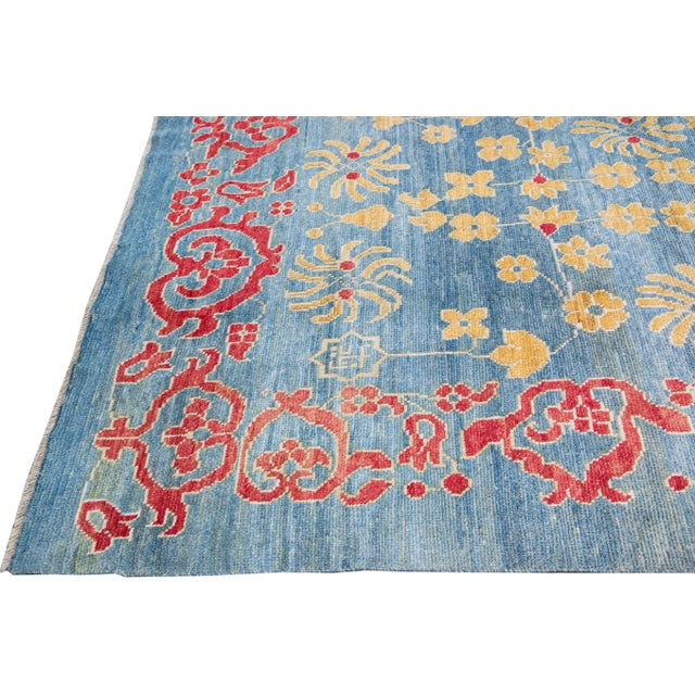 Modern Oushak Handmade Floral Blue Oversize Wool Rug For Sale - Image 4 of 9