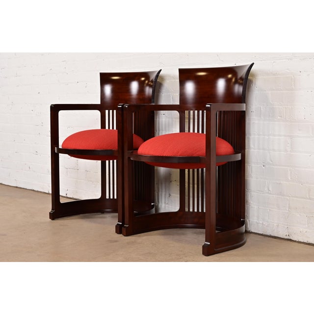 Mission Frank Lloyd Wright for Cassina Arts & Crafts Dark Cherry Wood Barrel Chairs, Pair For Sale - Image 3 of 12