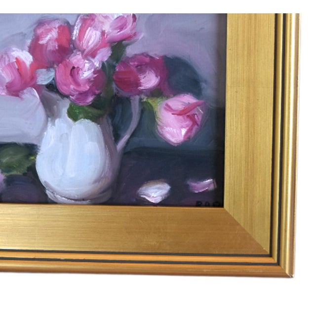 Contemporary original one-of-a-kind impressionist oil painting of a bouquet of flowers in a vase on the artist's canvas...
