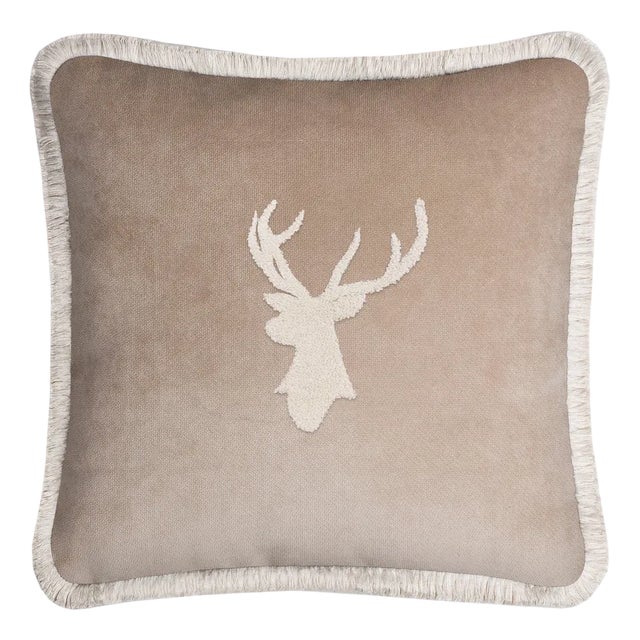 Christmas Happy Cushion with Elk in Beige on Beige from Lo Decor For Sale