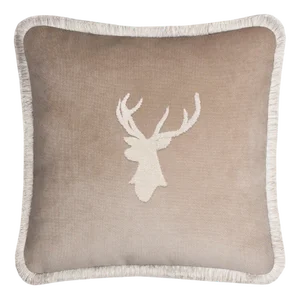 Christmas Happy Cushion with Elk in Beige on Beige from Lo Decor