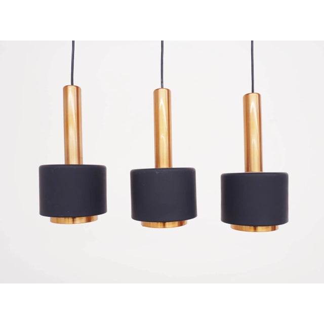 Mid-Century Modern Copper Pendant Lamp with Row of 3 Cones from Doria Leuchten, Germany, 1960s For Sale - Image 3 of 4