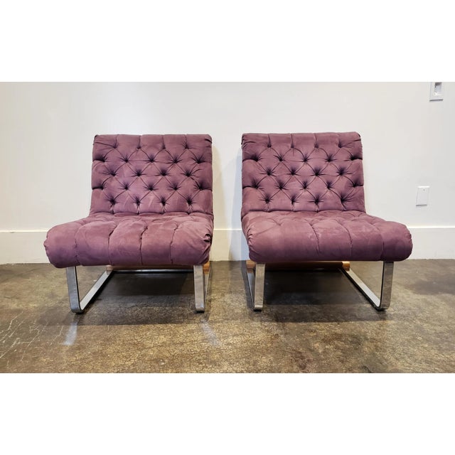 Vintage modern club chairs with tufted purple micro-sued upholstery and chrome and wood cantilevered bases. In good condition
