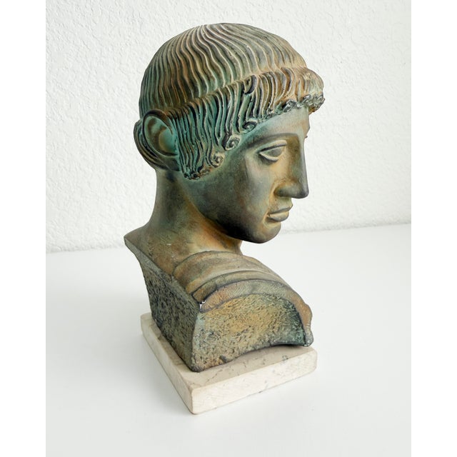 Stone 1950s Verdigris Plaster Bust of Apollo on Stone Base For Sale - Image 7 of 12