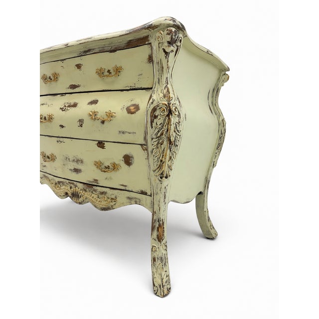 Wood Distressed Green French Provincial Bombe Chest — Louis XV Style, Vintage Serpentine Dresser For Sale - Image 7 of 9