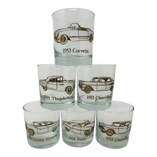 1960s Mid-Century Dusseau Collection 22k Gold Classic Car Rocks Glasses - Set of 6 For Sale