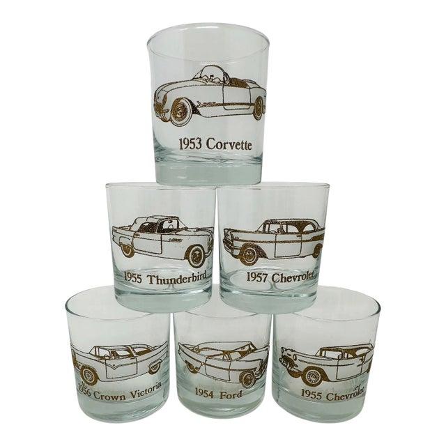 1960s Mid-Century Dusseau Collection 22k Gold Classic Car Rocks Glasses - Set of 6 For Sale