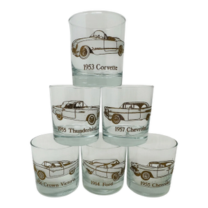1960s Mid-Century Dusseau Collection 22k Gold Classic Car Rocks Glasses - Set of 6
