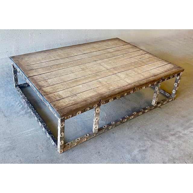 Vintage rustic oyster stick and wood plank coffee table with iron surround top support tray accent. Reinforced oyster...