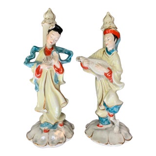 Hand Painted Porcelain Asian Couple Figurines- a Pair For Sale