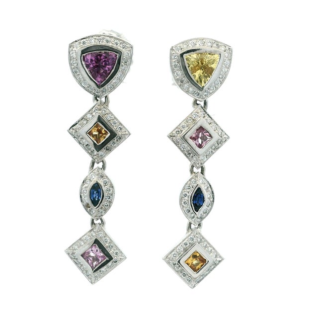 Metal Italian 18k White Gold Multicolor Sapphire and Diamond Drop Earrings, Pair For Sale - Image 7 of 10