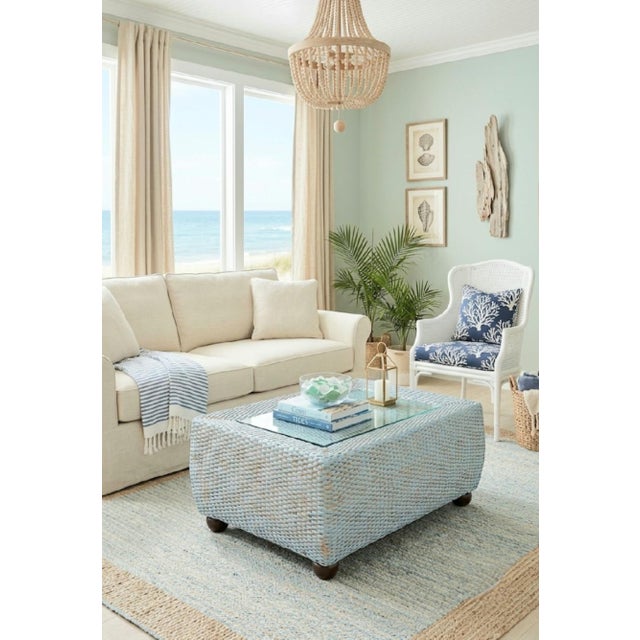 2010s Vintage Century Furniture Custom Painted Light Blue, Tan Rectangular Coastal Regency Wicker Coffee Table With Glass Top For Sale - Image 5 of 13