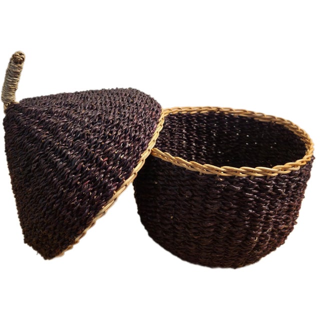 Farmhouse Mid 20th Century Woven Acorn Basket – Rare Decorative Storage Basket | Dark Brown Two-Piece Acorn Design | 11” Tall For Sale - Image 3 of 9