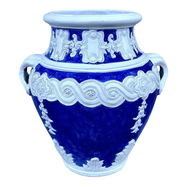 Late 20th Century Italian Blue and White Della Robbia Style Jardiniere, Provenance, Celine Dion For Sale