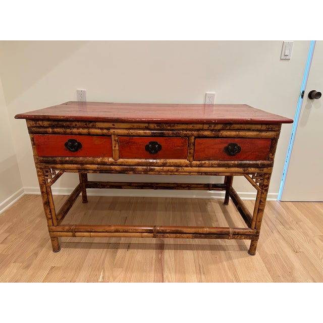 Late 19th Century Antique Chinese Bamboo and Red Lacquer Desk With Three Drawers For Sale - Image 5 of 7