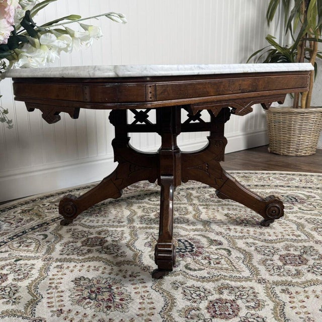 Victorian Antique Victorian Marble Top Walnut Side Table For Sale - Image 3 of 13