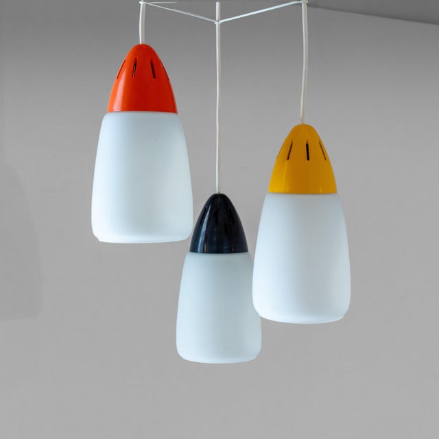 Metal Italian Modern Three-Light Pendant Light in Opaline Glass and Iron, 1970s For Sale - Image 7 of 13