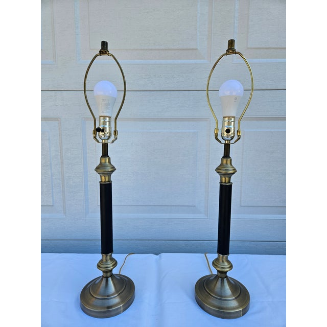 Navy Blue Late 20th Century Blue and Brass Lamps - a Pair For Sale - Image 8 of 16