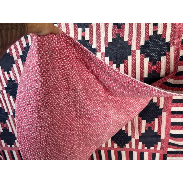 Matching Pair of Antique American Patriotic Hand Quilted Log Cabin Quilts C. Early 20th Century For Sale - Image 10 of 13