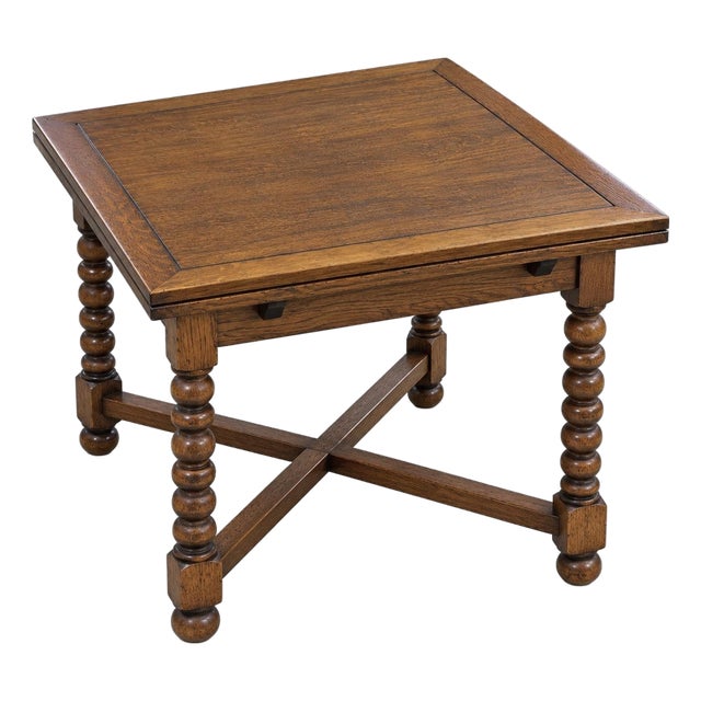 Antique English Jacobean Revival Oak Draw Leaf Mahjong Game Table, C. 1920s For Sale