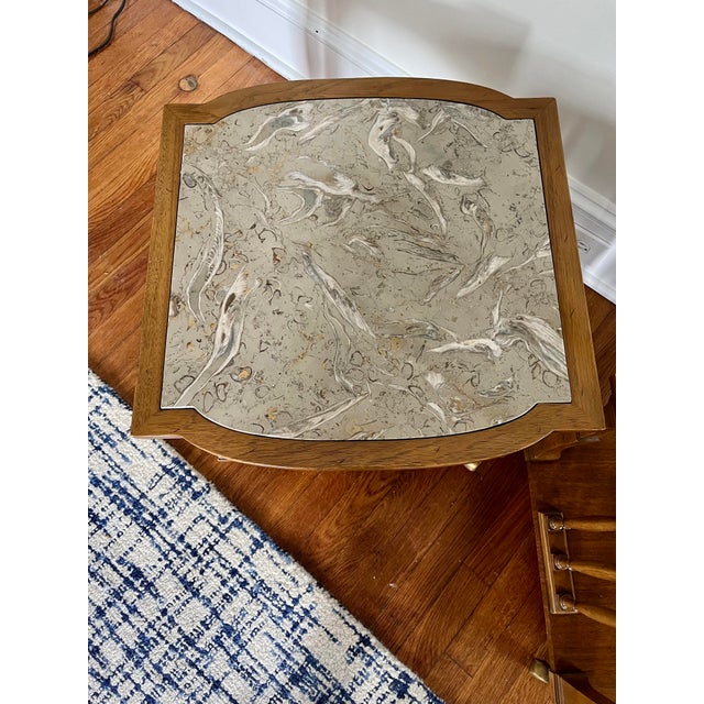 Neoclassical Mid Century Tomlinson Neoclassical Fossil Marble Top End Tables For Sale - Image 3 of 10
