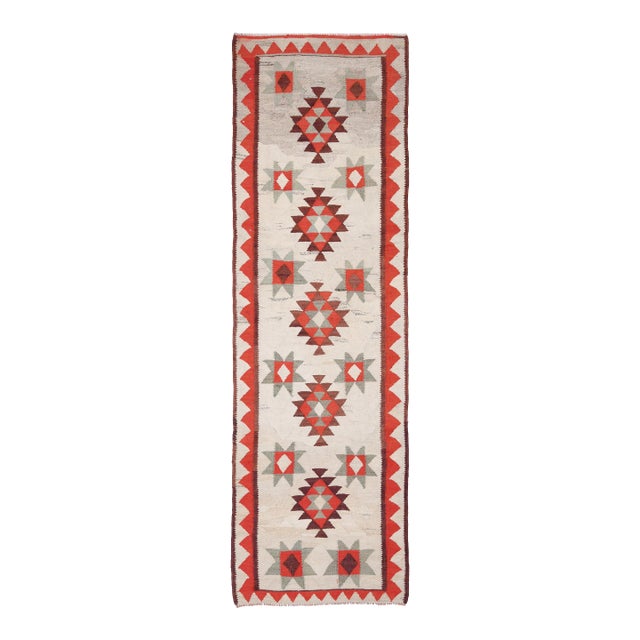 1970s Vintage Handmade Wool Cotton Beige Orange Runner Rug For Sale
