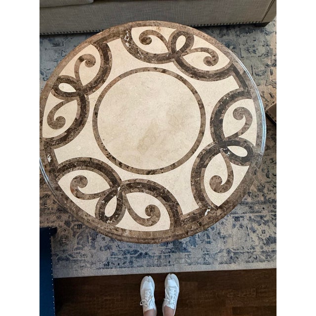 Mediterranean Elegant Round Marble Inlay Coffee Table With Carved Wood Base For Sale - Image 3 of 4