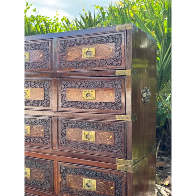 English Pair of Anglo-Indian Style Carved Rosewood Campaign Chests With Brass Inlay For Sale - Image 3 of 7