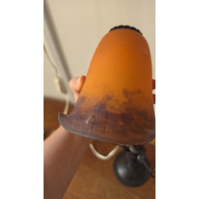 1930s Degué Art Deco Table Lamp Signed French Glass Wrought Iron Orange Accent Light Antique French Lighting For Sale - Image 15 of 15