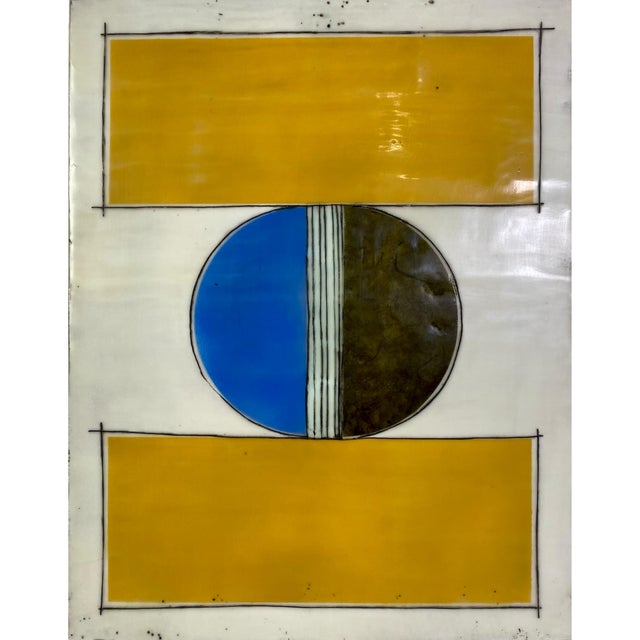 Twelve 14×11 cradled wood panels make up this encaustic mixed media art piece. In the photo they are hanging spaced...