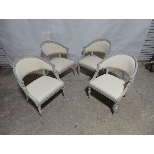 This is a Rare and unique set of 4 Swedish Gustavian style Barrel chairs. They have been restored and repainted with Milk...