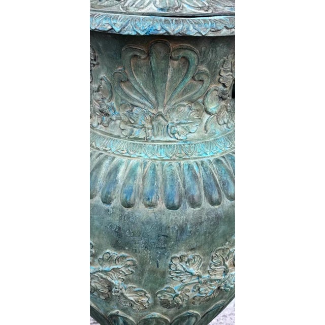 51”h Spectacular Miami Beach Vintage Urn With Lid Classic Cast Bronze Verdigris Patinated - A Pair For Sale - Image 11 of 12