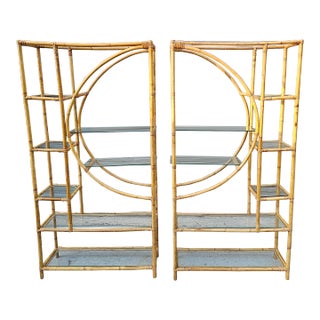 Bamboo Half Moon Étagères With Glass Shelves, C. 1960 For Sale