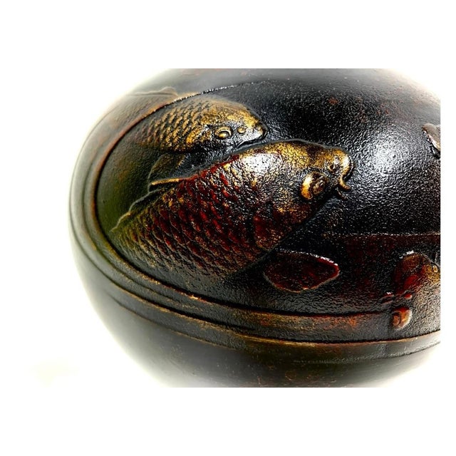 1960s Traditional Japanese Metal Koi Vase on Wood Stand For Sale In New York - Image 6 of 11