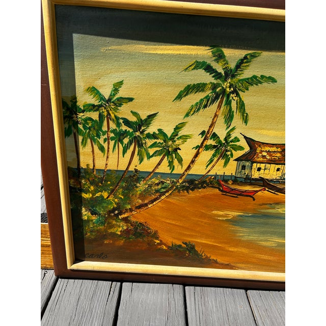 1960s VTG Carlo of Hollywood Art Hawaiian Polynesian Tiki Tropical Oil Painting MCM For Sale - Image 5 of 7